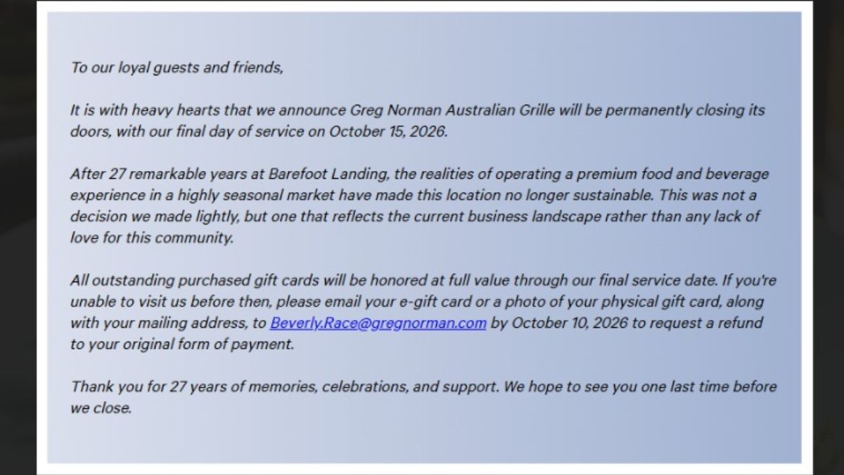 Greg Norman Australian Grille closure announcement image