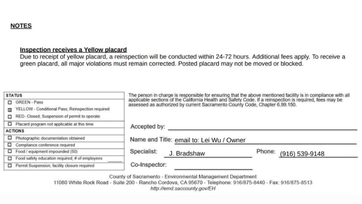 Screenshot of the official Hisui Sushi health inspection report