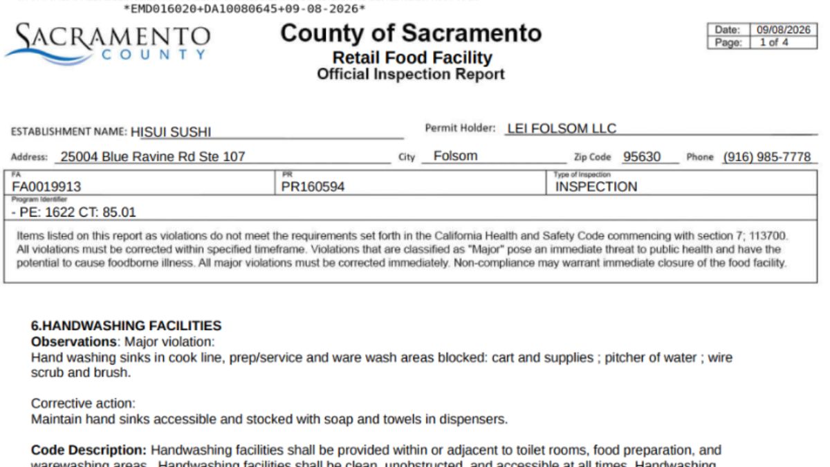 Hisui Sushi health inspection report screenshot