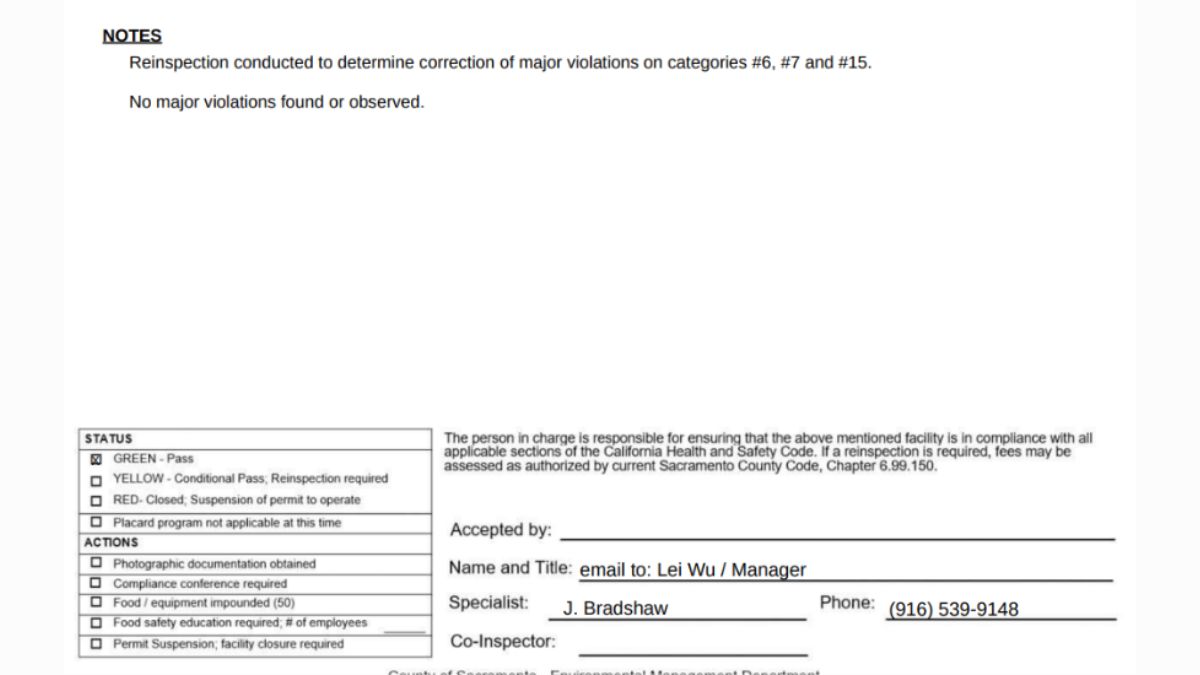 Hisui Sushi reinspection report screenshot