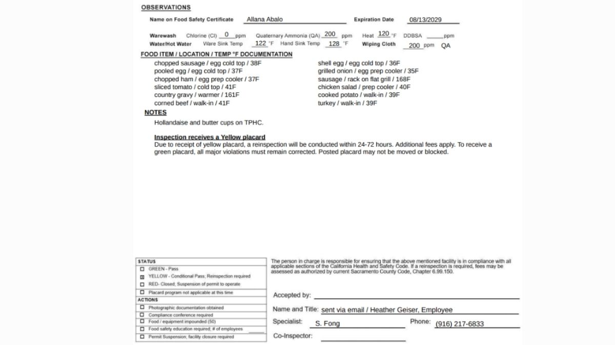 A screenshot of the health inspection report