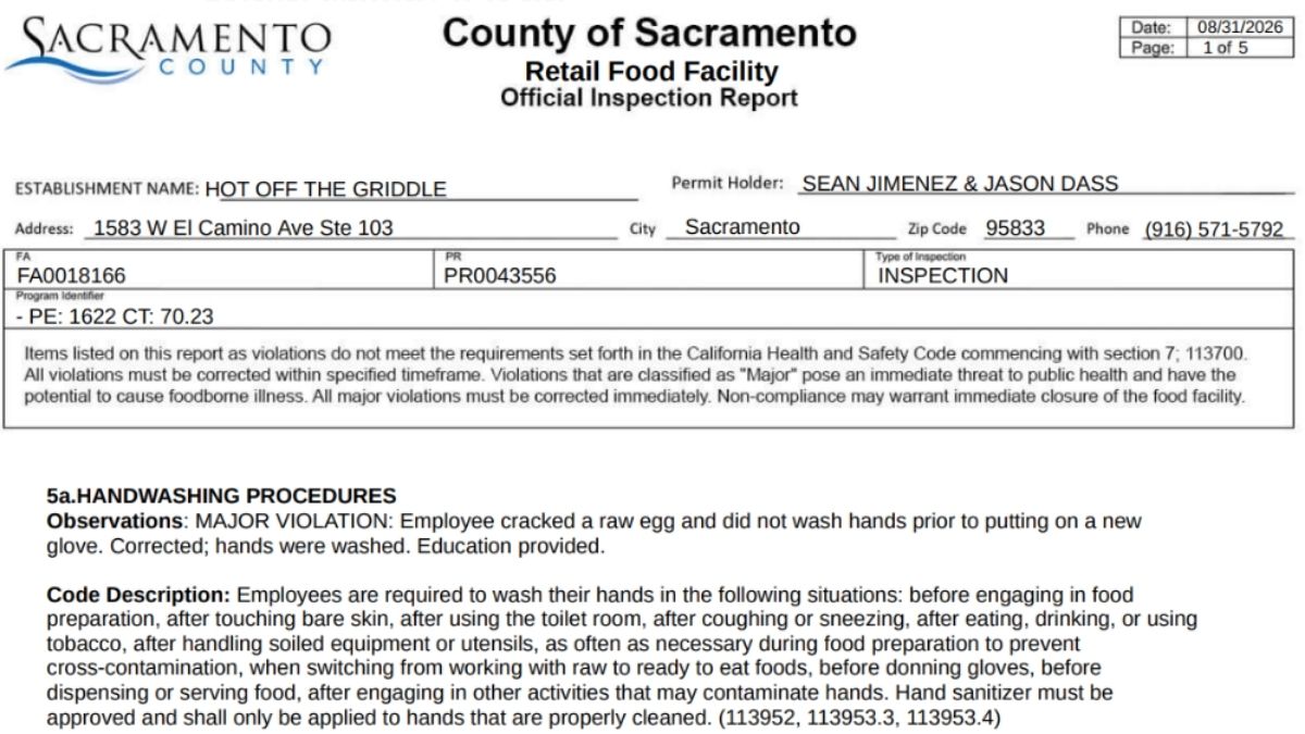 Screenshot image of Hot off the Griddle health inspection report