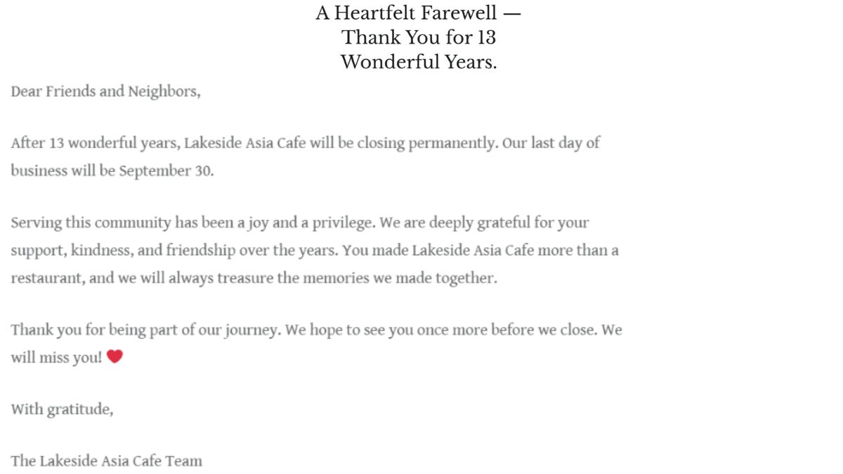 Screenshot of the closure announcement