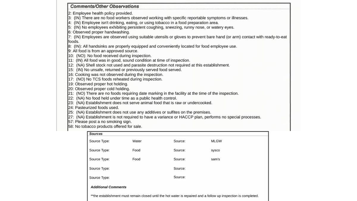 2 star Jr restaurant inspection report screenshot
