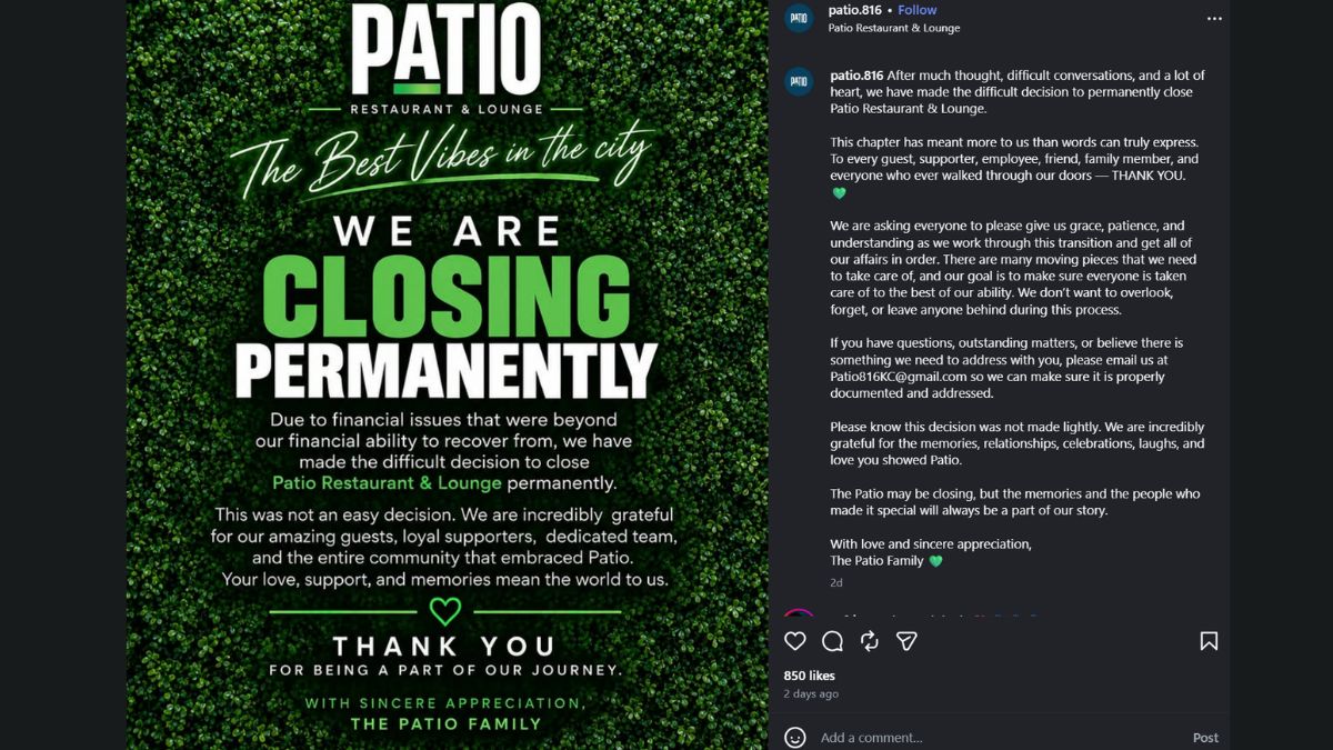 Screenshot of Patio Restaurant and Lounge food closure announcement