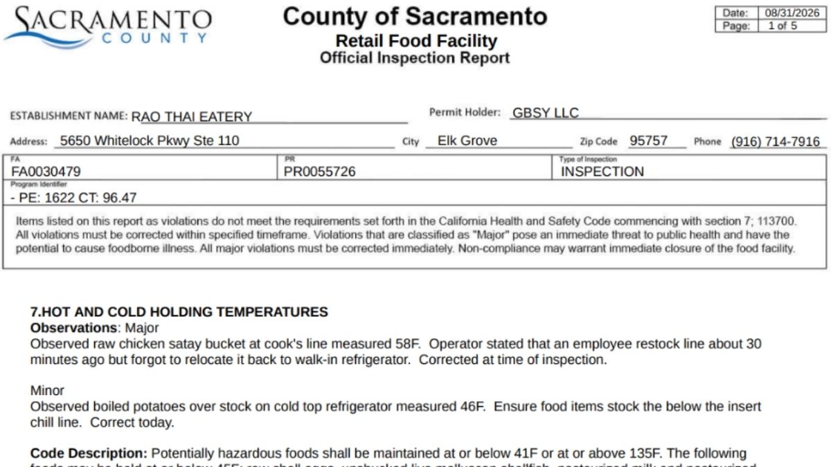 Screenshot of the Rao Thai Eatery Health inspection report