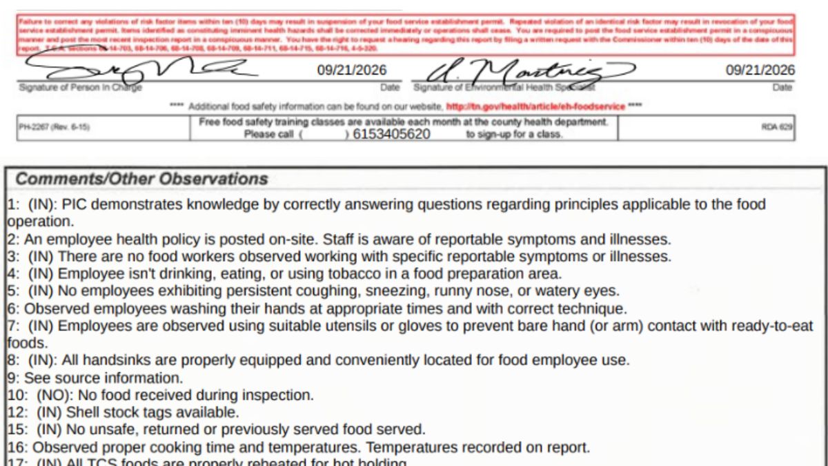 Street Brothers Seafood health inspection report screenshot