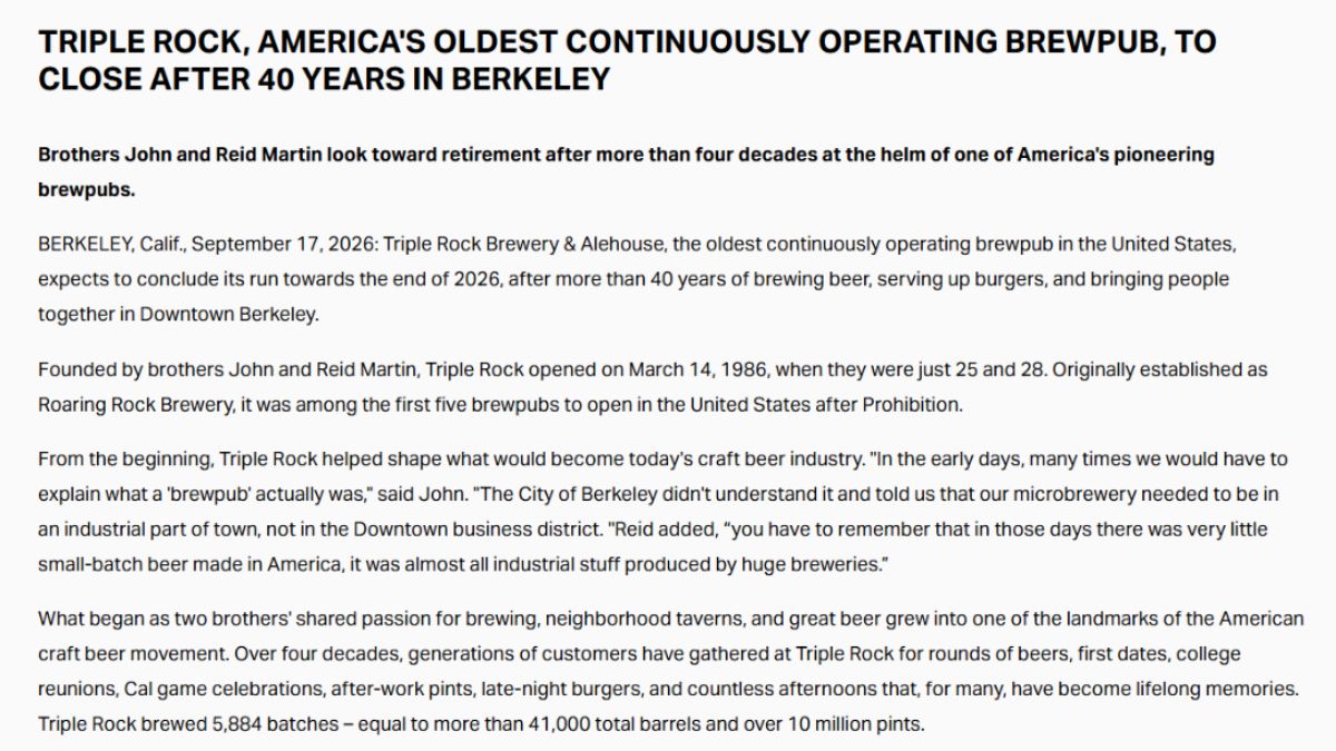 Triple Rock Brewery Closure Announcement screenshot