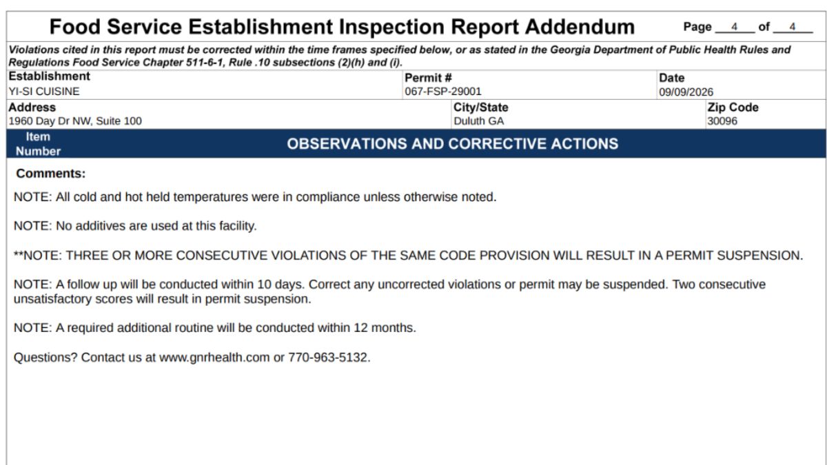 Screenshot of the follow-up inspection comments
