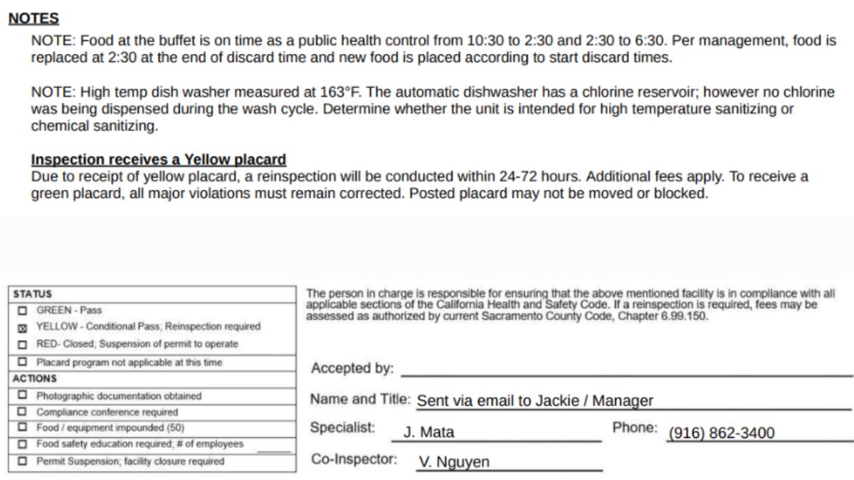 Screenshot of the official inspection report