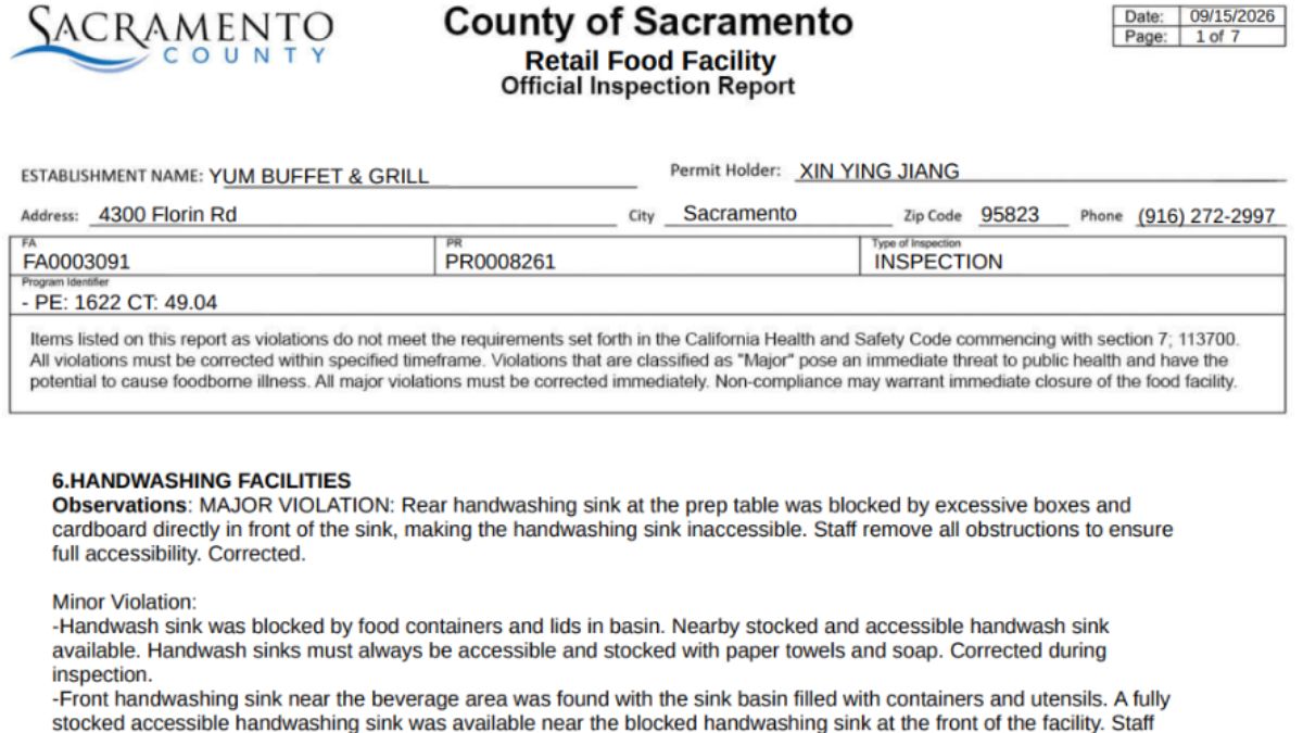 Yum Buffet & Grill health inspection report screenshot