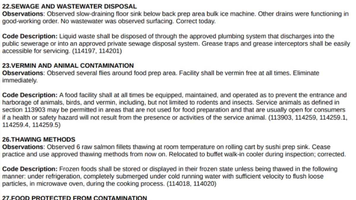 Violations mentioned in the Yum Buffet & Grill health inspection report