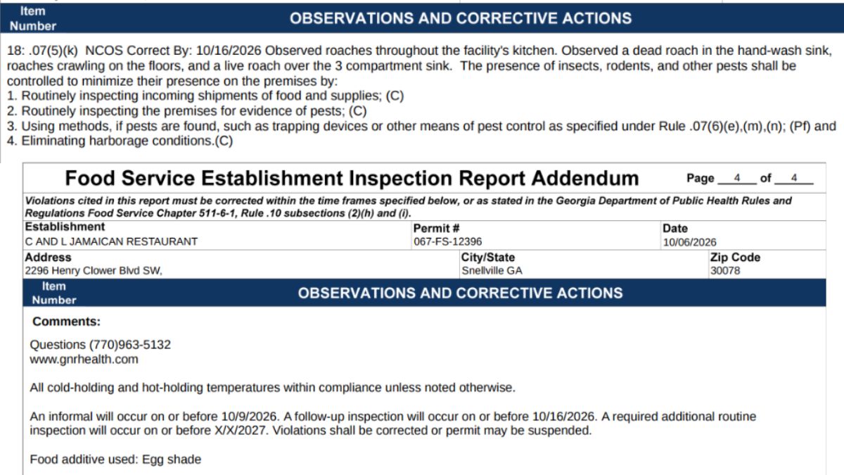 C & L Jamaican Restaurant's official health inspection report image
