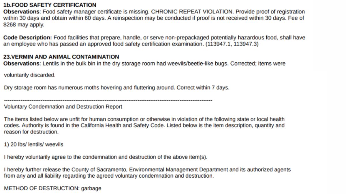 Screenshot of violations