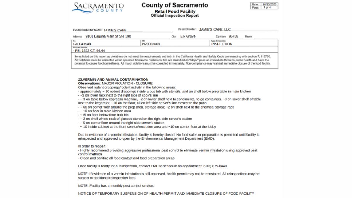Screenshot of Jamie’s Cafe health inspection report