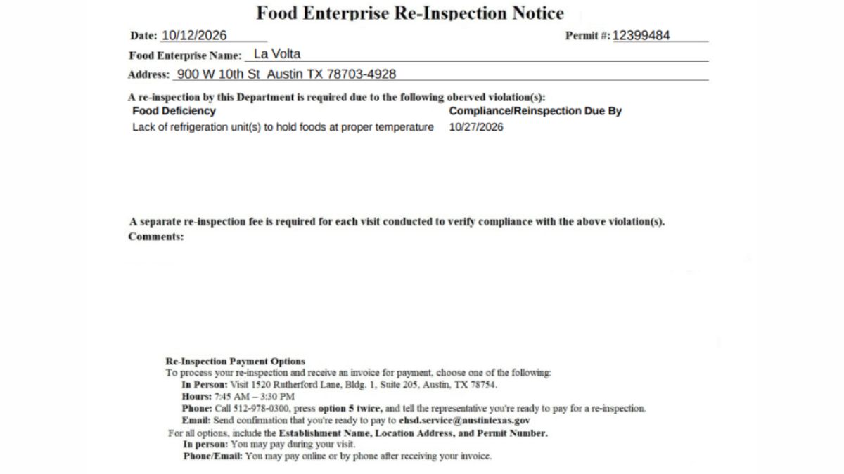 Screenshot of the La Volta health inspection report