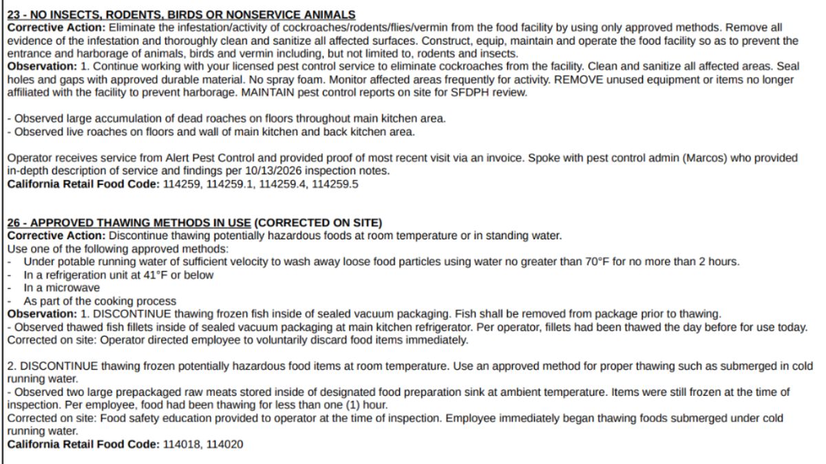 Screenshot of Reina's Restaurant health inspection report