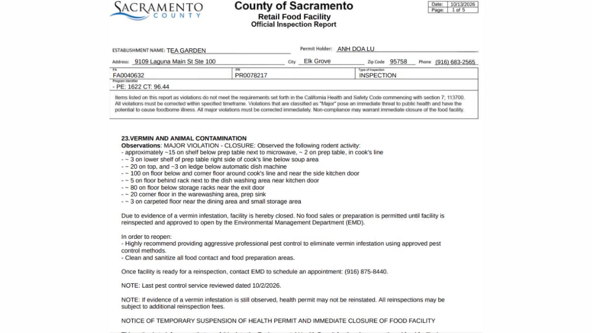 Official Tea Garden health inspection report screenshot