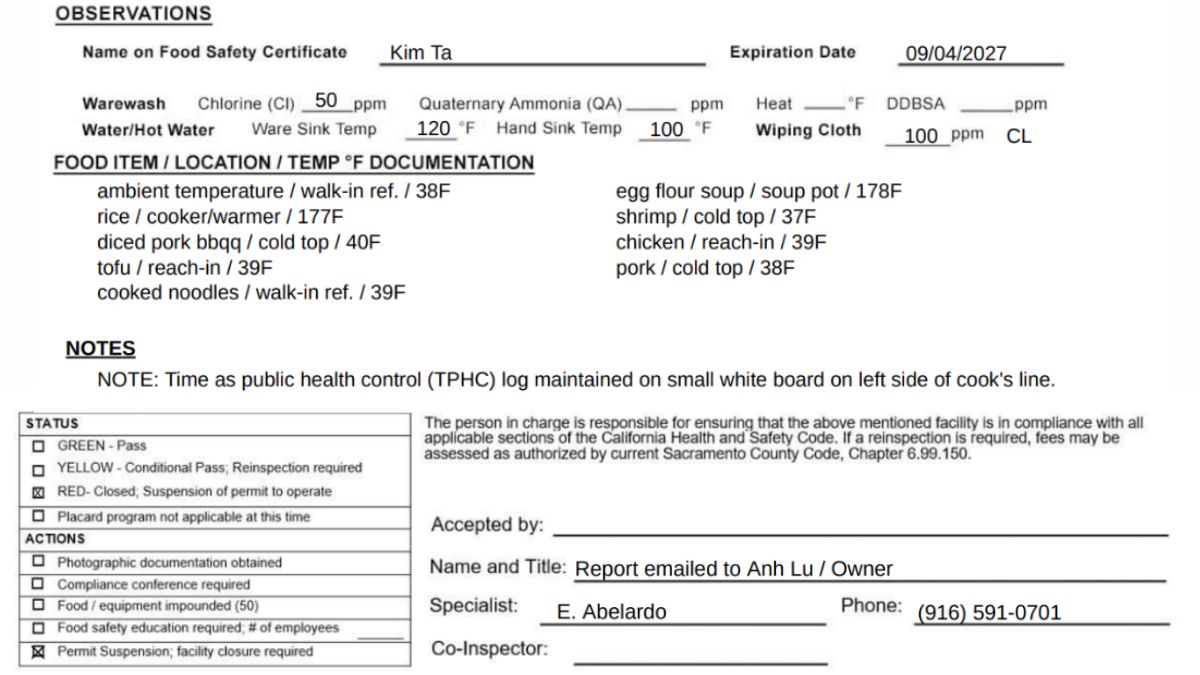 Screenshot of Tea Garden health inspection report