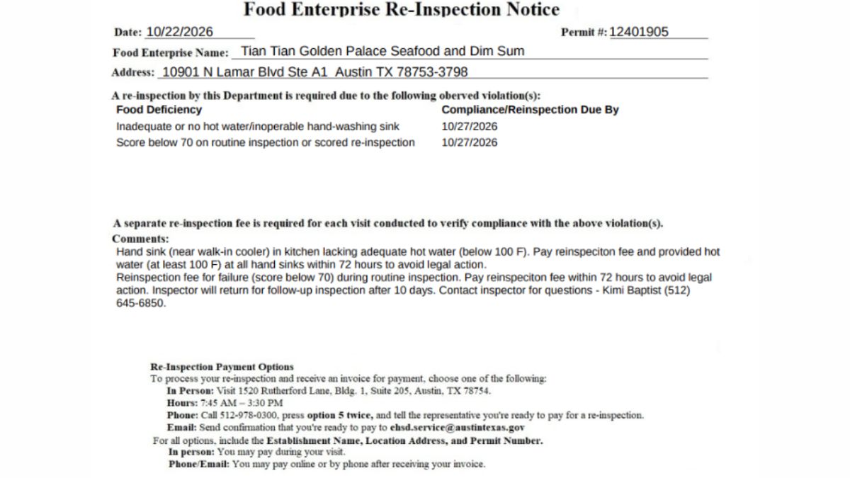 Screenshot of Tian Tian Golden Palace Seafood & Dim Sum health inspection report