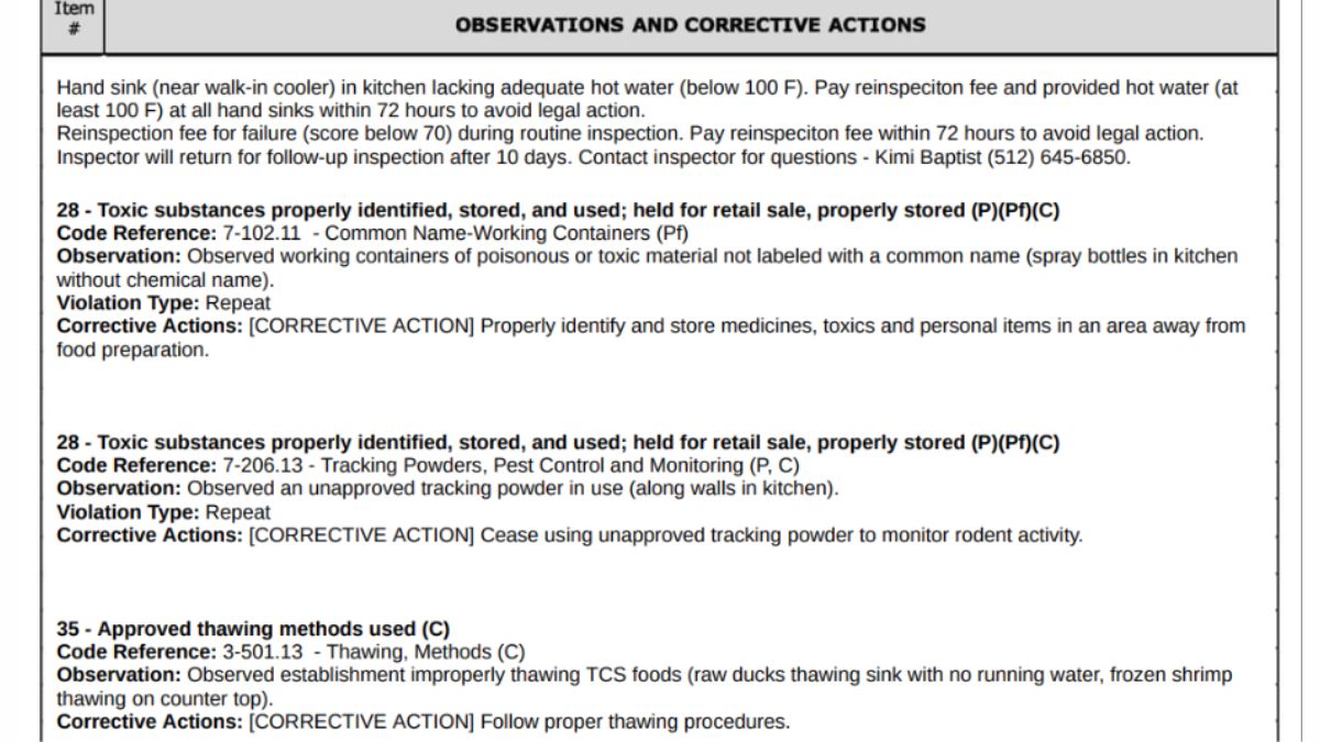 Screenshot of the official inspection report